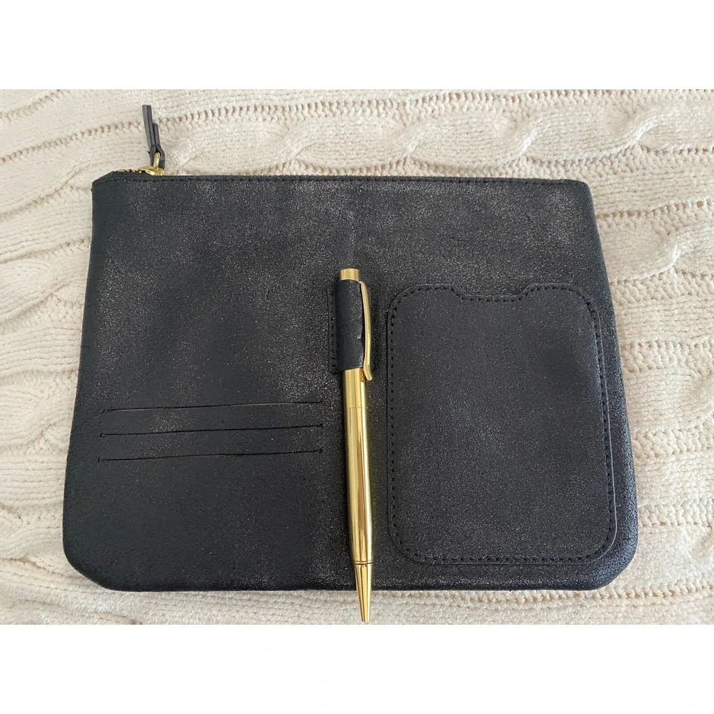 Anthropologie Black Leather Purse Organizer‎ Card Slot Pen Zipper